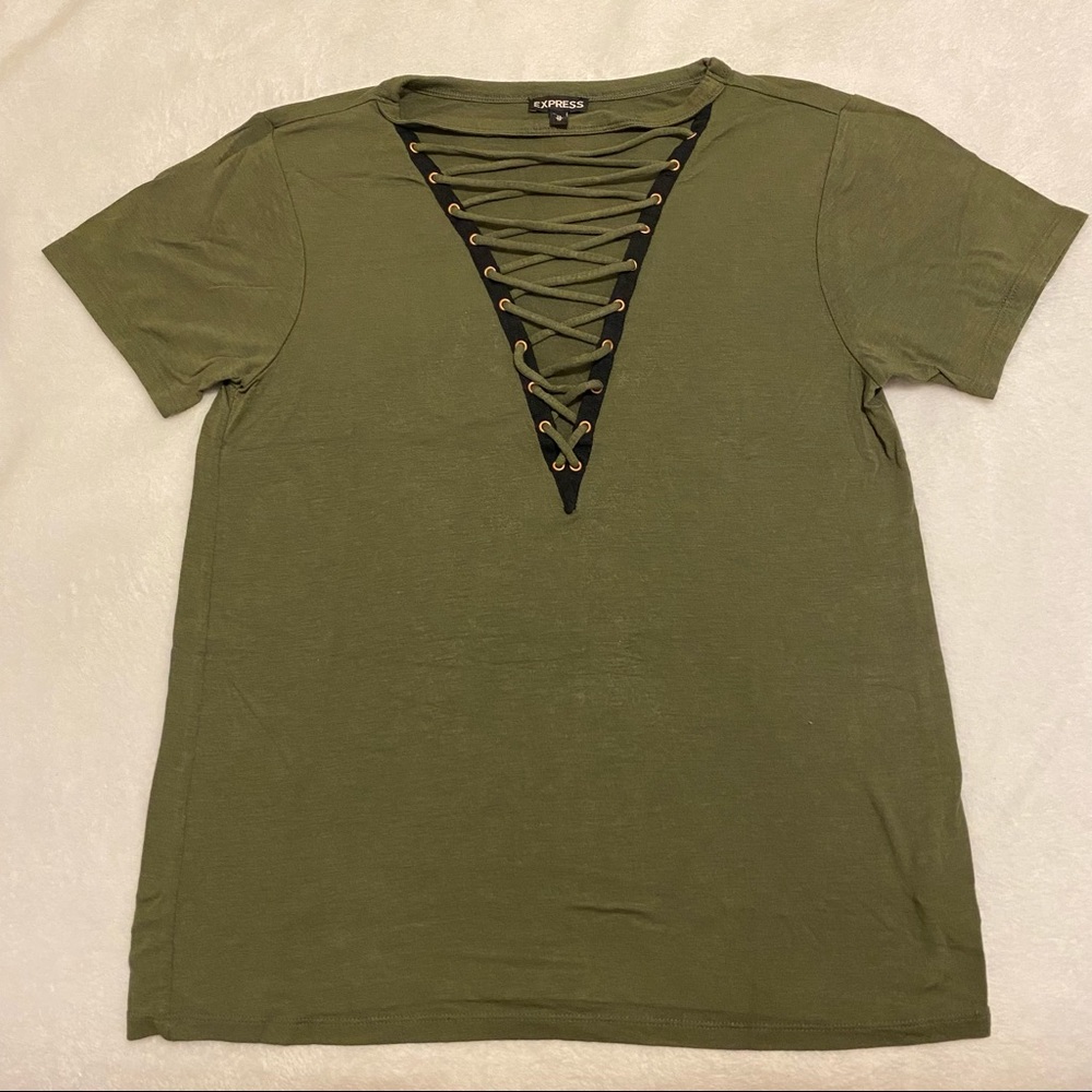 Express Lace Up V-Neck T-Shirt - Olive with Black Trim